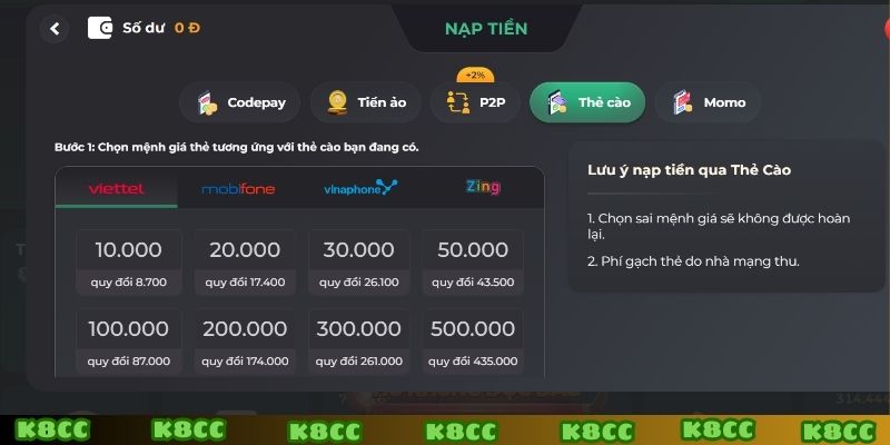 Nạp tiền k8cc qua thẻ cào