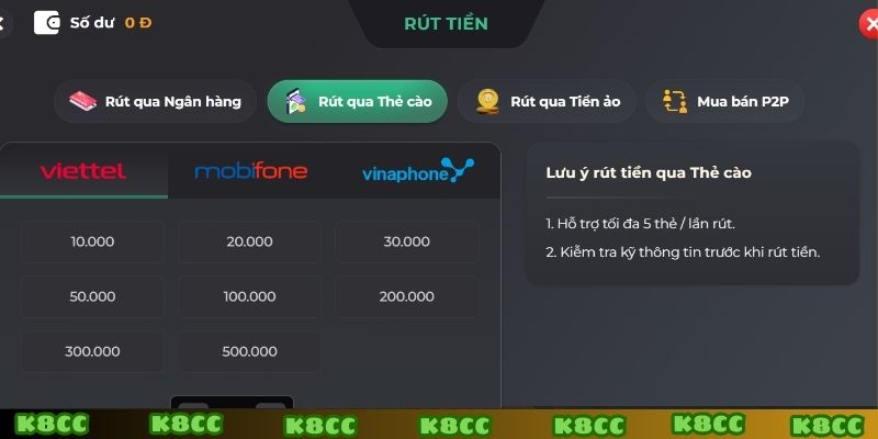 Rút tiền k8cc qua thẻ cào